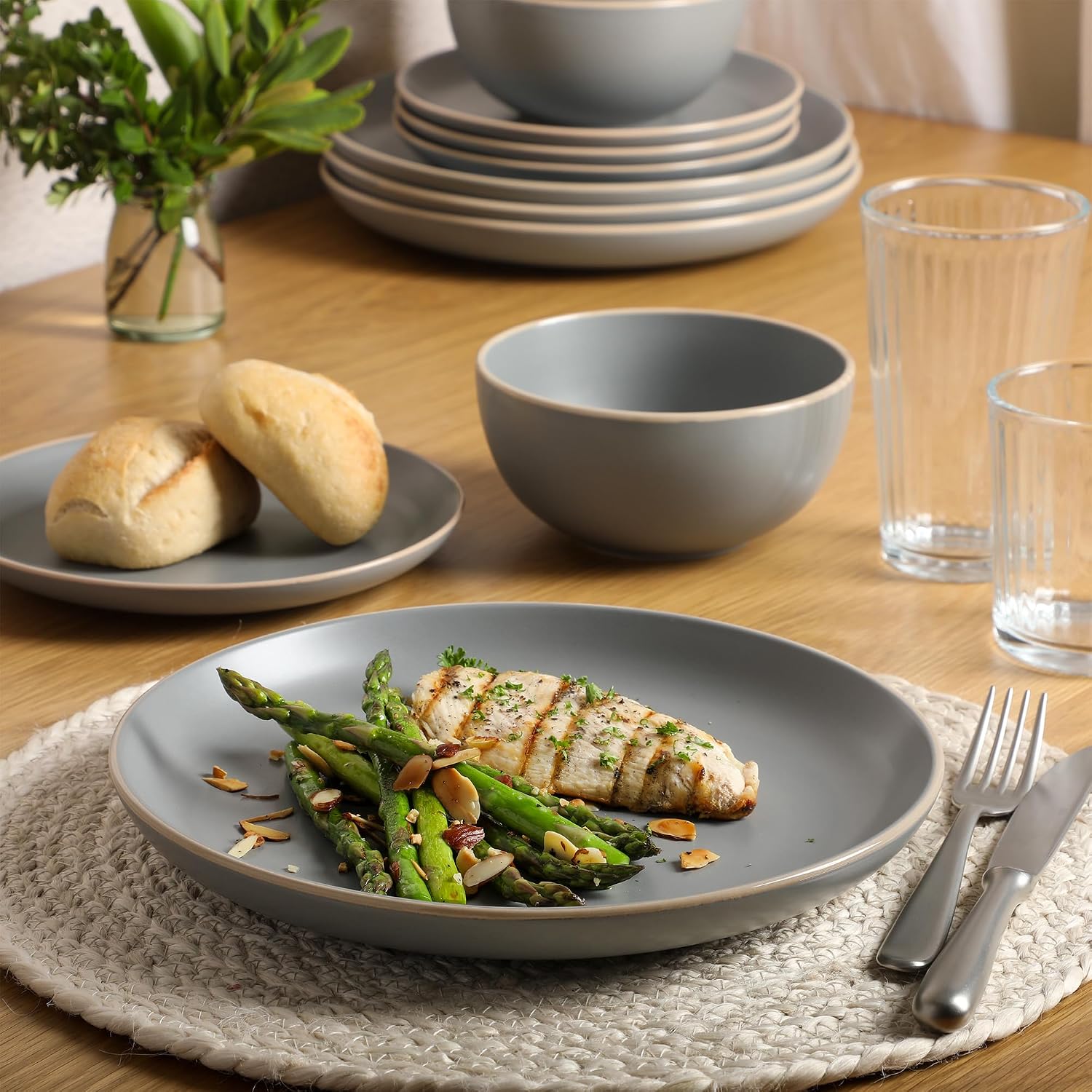 Matte Finish Gray Ceramic Dinnerware Set (12 pieces/4 servings), Simple Modern Design, Microwave and Dishwasher Safe